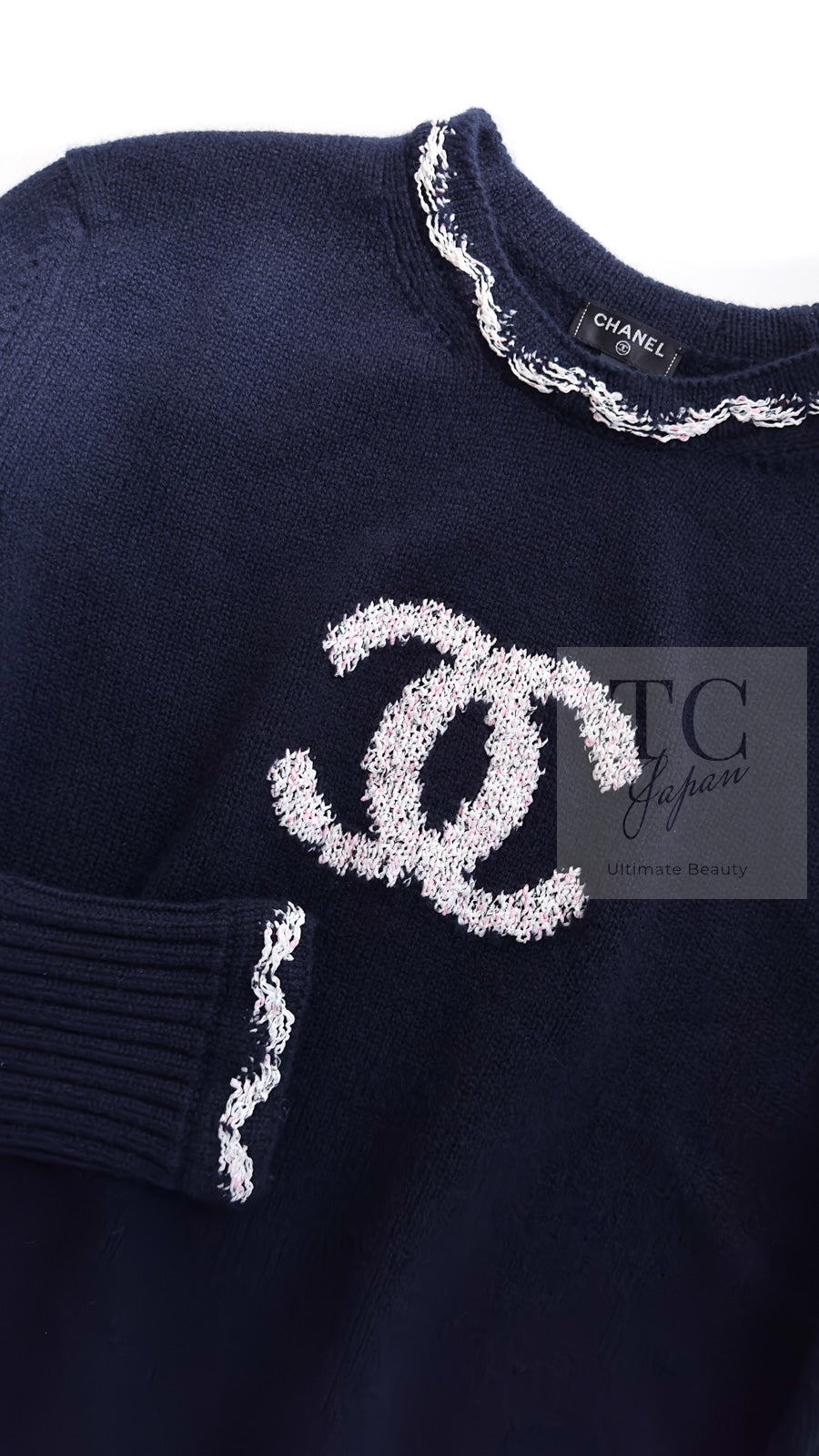 CHANEL 21PS Navy White CC Logo Cashmere Knit Sweater Tops 36 38 シャネル ネイビー ホワイト CC ココ マーク カシミア ニット トップス セーター 即発
