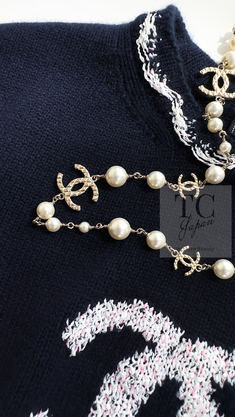 CHANEL 21PS Navy White CC Logo Cashmere Knit Sweater Tops 36 38 シャネル ネイビー ホワイト CC ココ マーク カシミア ニット トップス セーター 即発