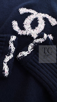 CHANEL 21PS Navy White CC Logo Cashmere Knit Sweater Tops 36 38 シャネル ネイビー ホワイト CC ココ マーク カシミア ニット トップス セーター 即発