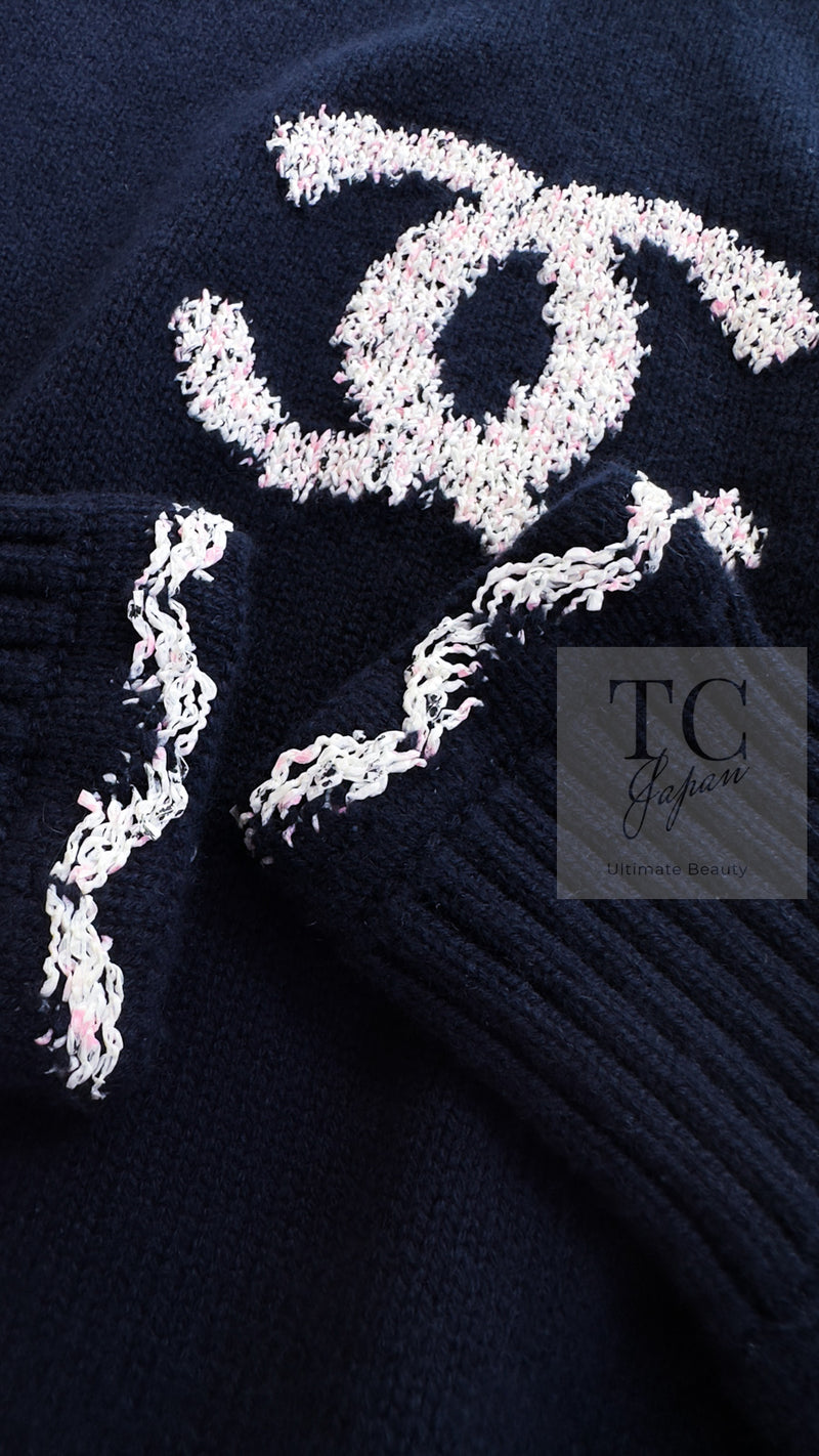 CHANEL 21PS Navy White CC Logo Cashmere Knit Sweater Tops 36 38 シャネル ネイビー ホワイト CC ココ マーク カシミア ニット トップス セーター 即発