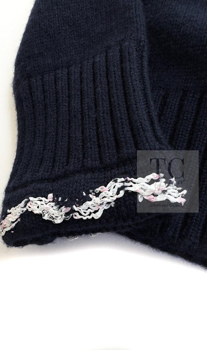 CHANEL 21PS Navy White CC Logo Cashmere Knit Sweater Tops 36 38 シャネル ネイビー ホワイト CC ココ マーク カシミア ニット トップス セーター 即発