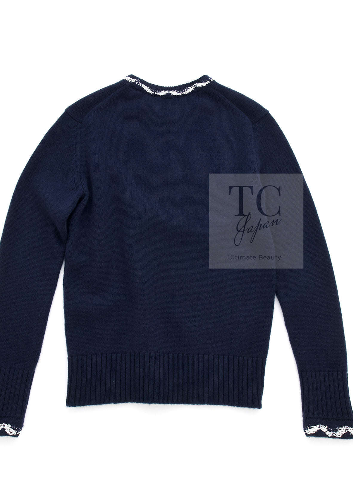 CHANEL 21PS Navy White CC Logo Cashmere Knit Sweater Tops 36 38 シャネル ネイビー ホワイト CC ココ マーク カシミア ニット トップス セーター 即発