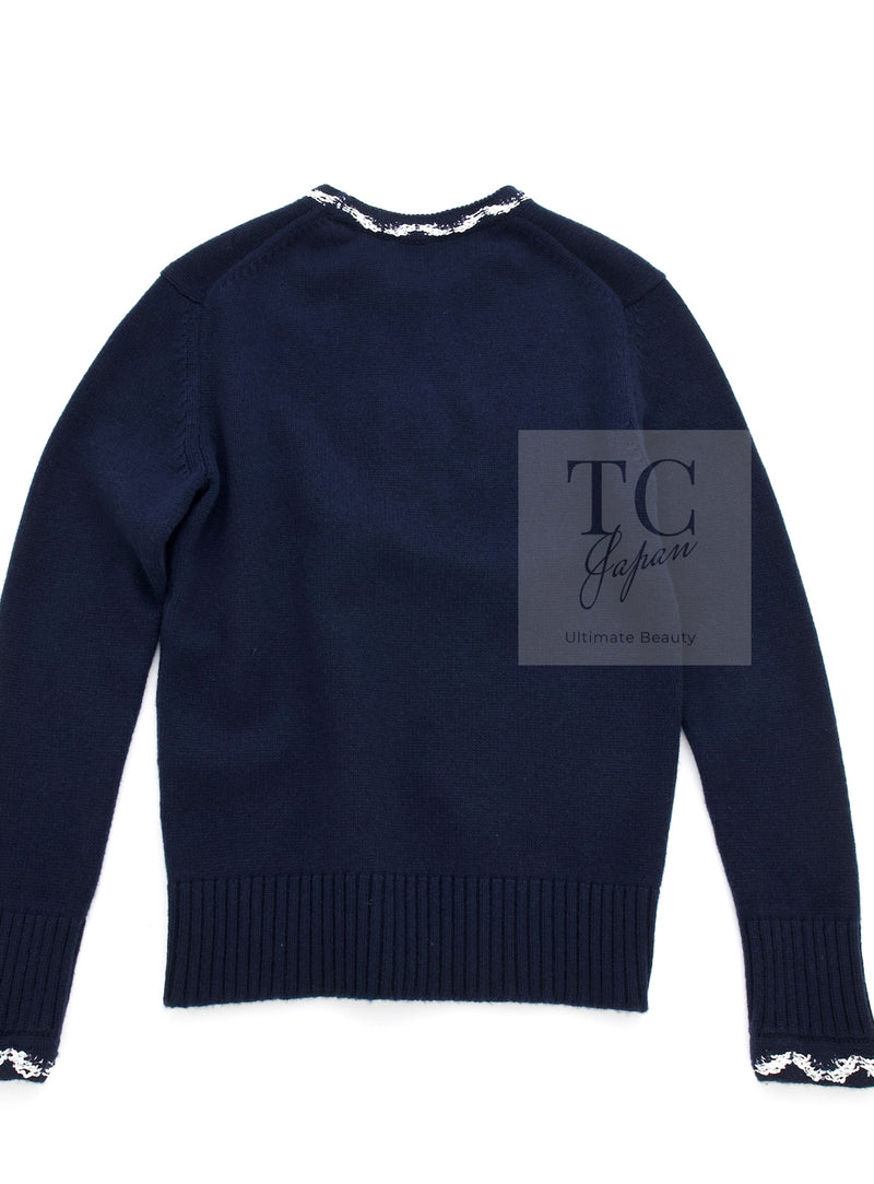 CHANEL 21PS Navy White CC Logo Cashmere Knit Sweater Tops 36 38 シャネル ネイビー ホワイト CC ココ マーク カシミア ニット トップス セーター 即発