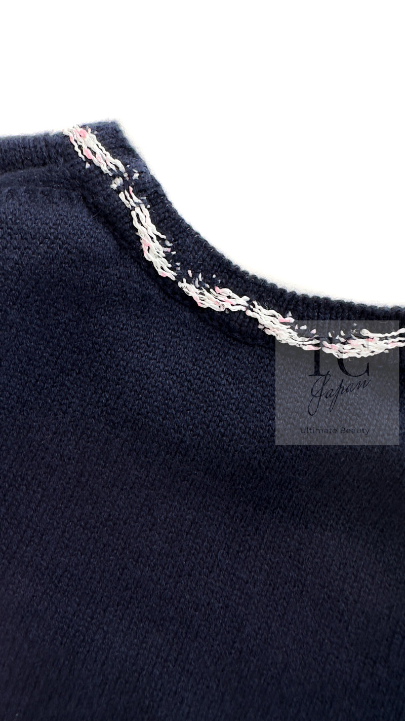 CHANEL 21PS Navy White CC Logo Cashmere Knit Sweater Tops 36 38 シャネル ネイビー ホワイト CC ココ マーク カシミア ニット トップス セーター 即発