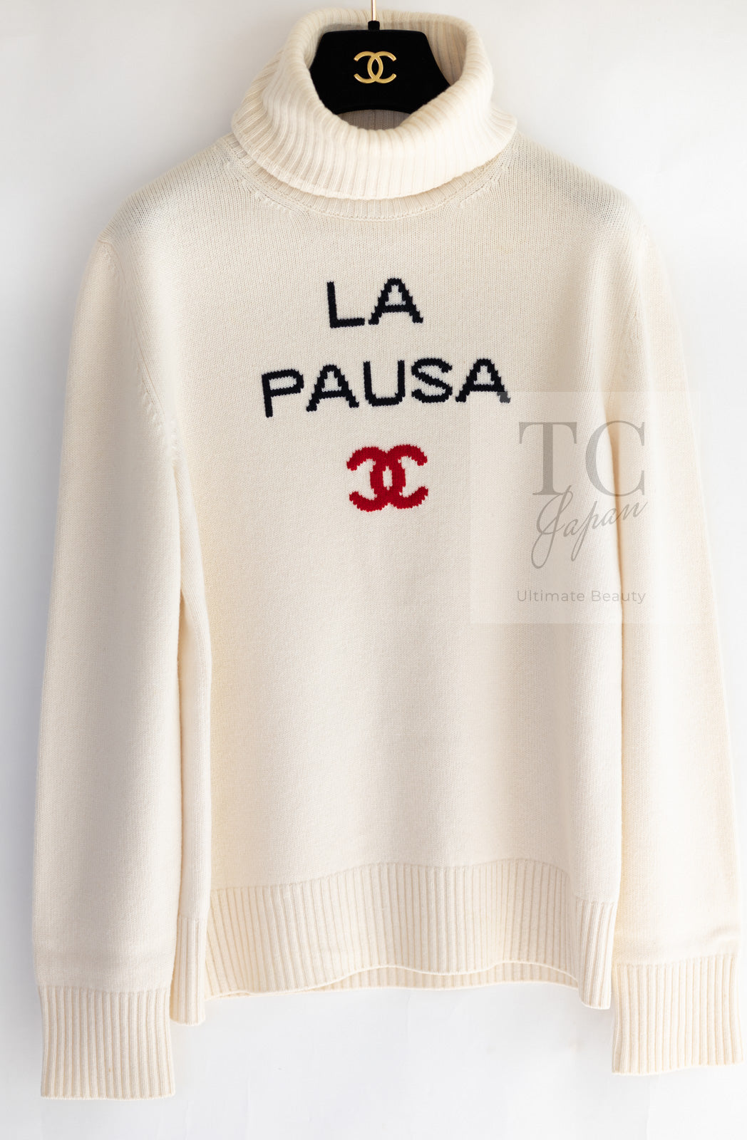 CHANEL 19C Ivory La Pausa CC Logo Turtle Cashmere Knit Sweater 36 38 シャネル アイボリー ホワイト ラ パウザ CC ロゴ タートル カシミア ニット セーター 即発
