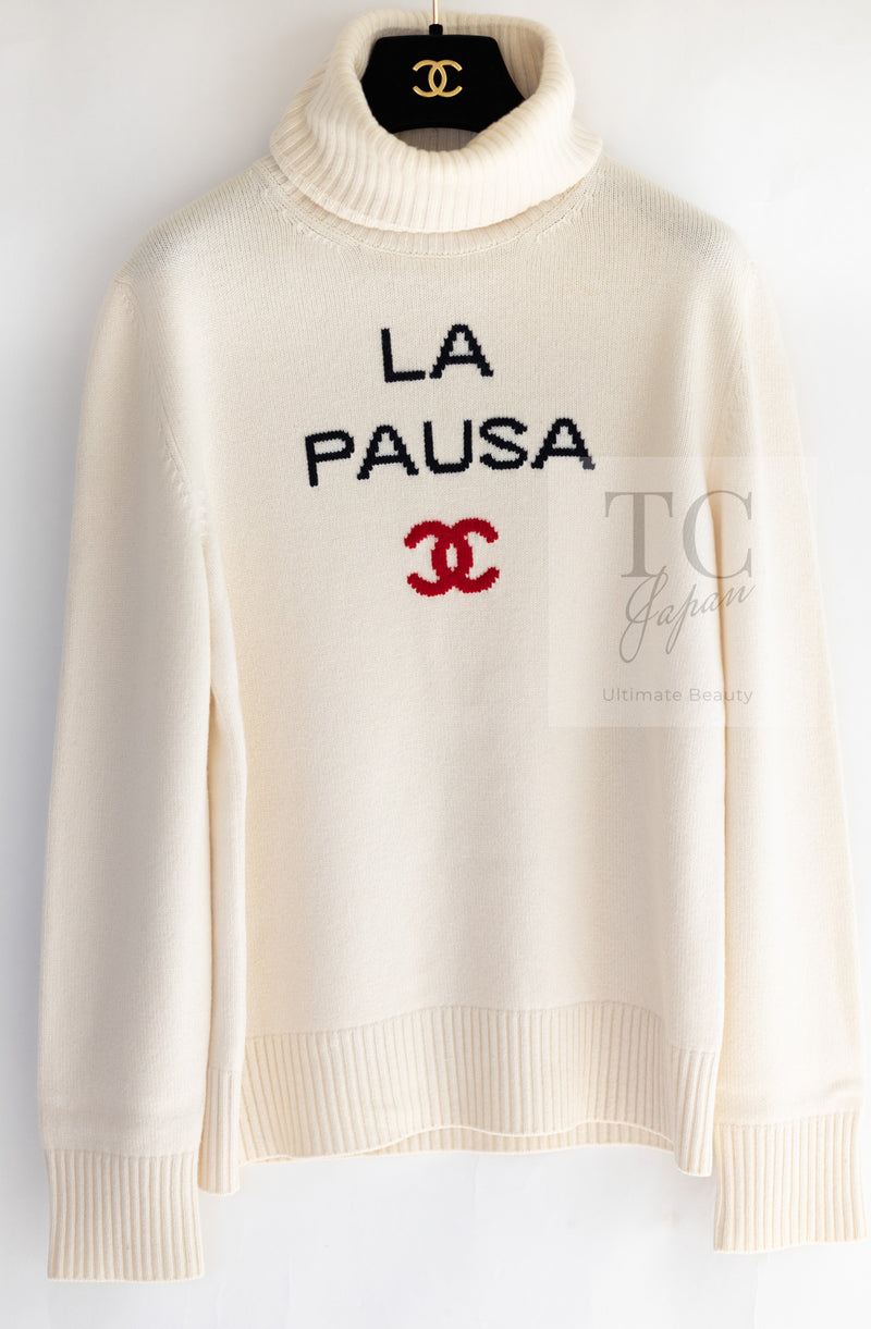 CHANEL 19C Ivory La Pausa CC Logo Turtle Cashmere Knit Sweater 36 38 シャネル アイボリー ホワイト ラ パウザ CC ロゴ タートル カシミア ニット セーター 即発