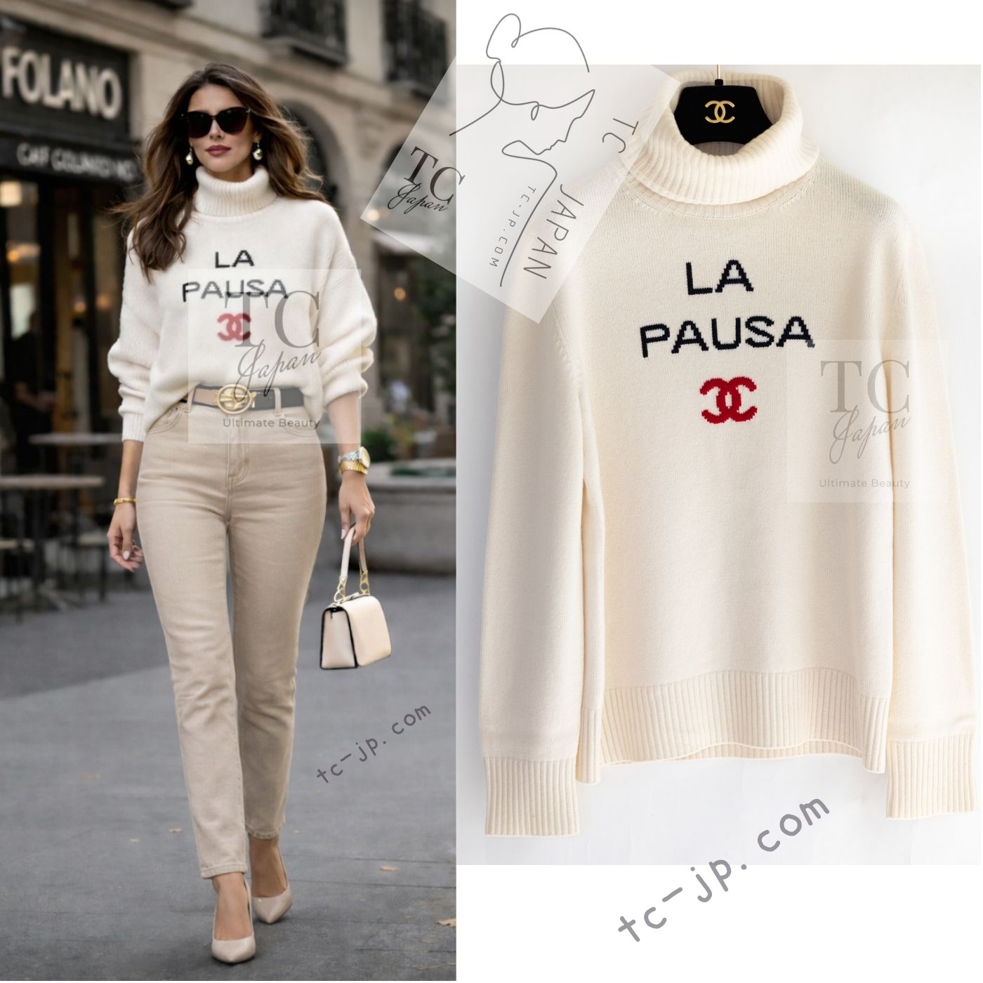 CHANEL 19C Ivory La Pausa CC Logo Turtle Cashmere Knit Sweater 36 38 シャネル アイボリー ホワイト ラ パウザ CC ロゴ タートル カシミア ニット セーター 即発