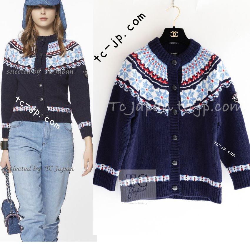 CHANEL 18N Coco Neige Navy Nordic Wool Knit Cardigan 34 シャネル ココ ネージュ ネイビー  ノルディック ウール ニット カーディガン 即発