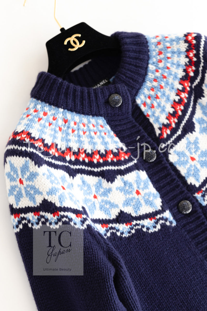 CHANEL 18N Coco Neige Navy Nordic Wool Knit Cardigan 34 シャネル ココ ネージュ ネイビー ノルディック ウール ニット カーディガン 即発