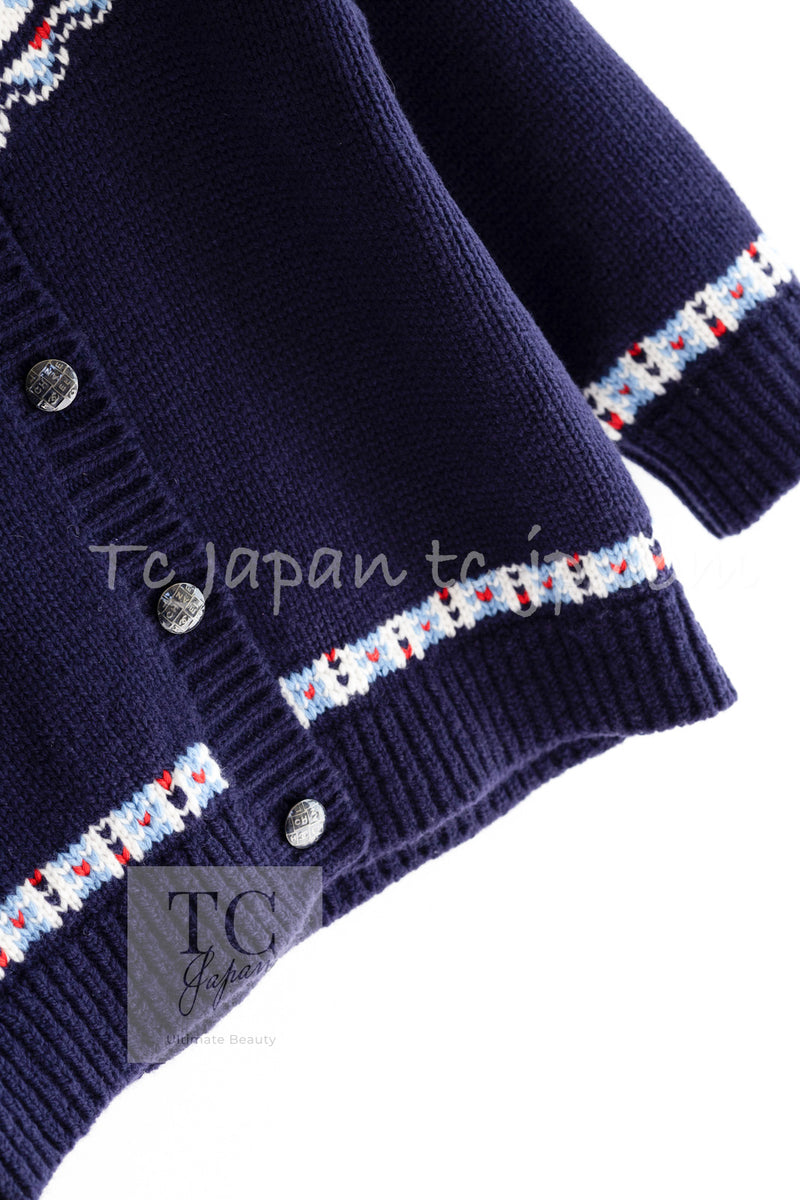 CHANEL 18N Coco Neige Navy Nordic Wool Knit Cardigan 34 シャネル ココ ネージュ ネイビー ノルディック ウール ニット カーディガン 即発