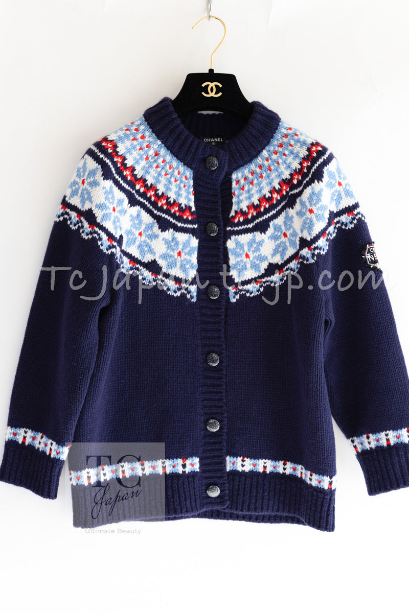 CHANEL 18N Coco Neige Navy Nordic Wool Knit Cardigan 34 シャネル ココ ネージュ ネイビー ノルディック ウール ニット カーディガン 即発