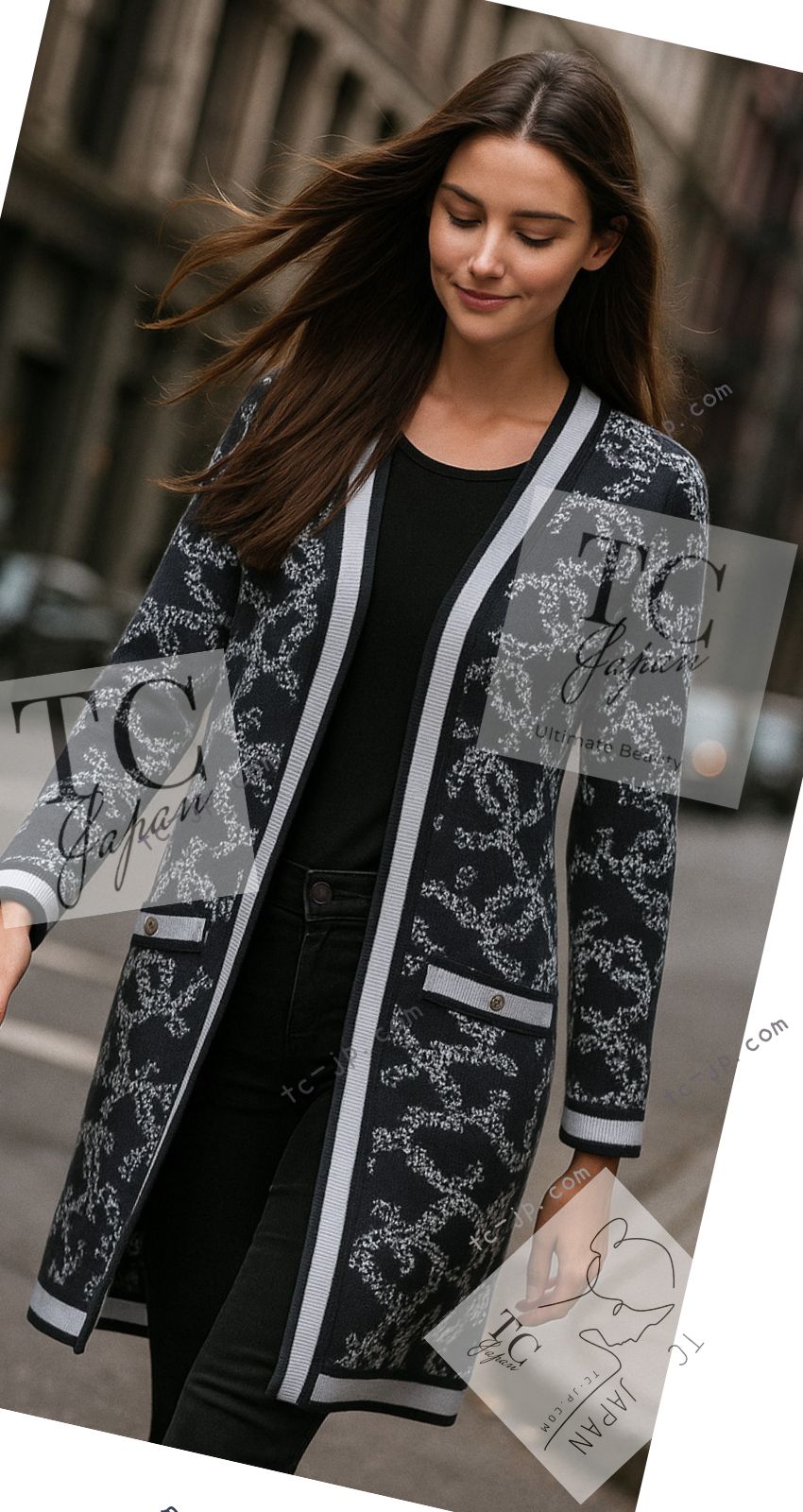 シャネル カーディガン CHANEL ネイビー スモーキー グレー CC ロゴ