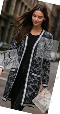 CHANEL 19PS Smoky Blue Gray CC Logo Cotton Knit Cardigan 34 36 シャネル ネイビー スモーキー グレー CC ロゴ コットン ロング ニット カーディガン 即発