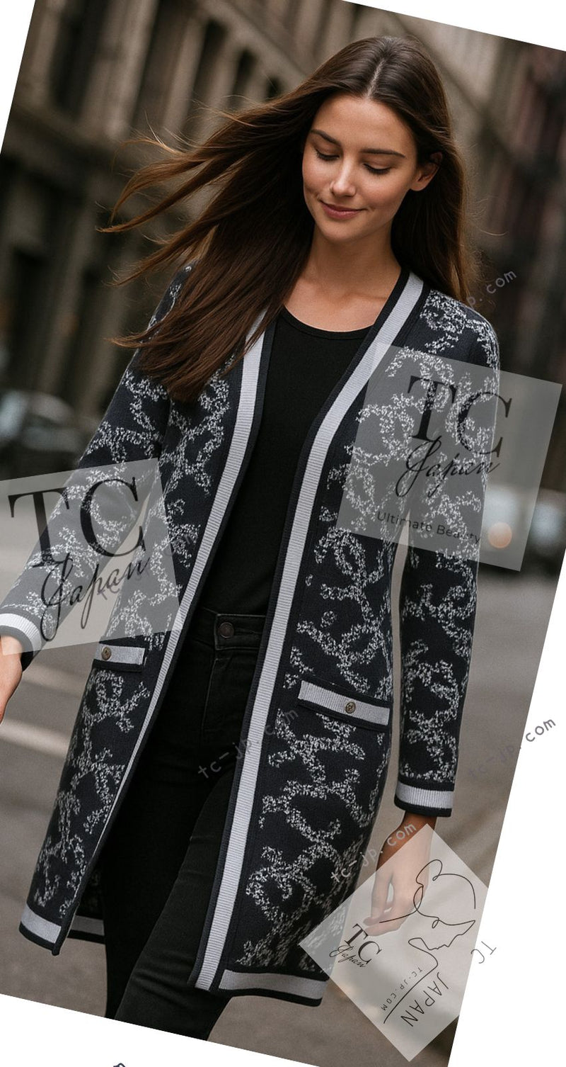 CHANEL 19PS Smoky Blue Gray CC Logo Cotton Knit Cardigan 34 36 シャネル ネイビー スモーキー グレー CC ロゴ コットン ロング ニット カーディガン 即発