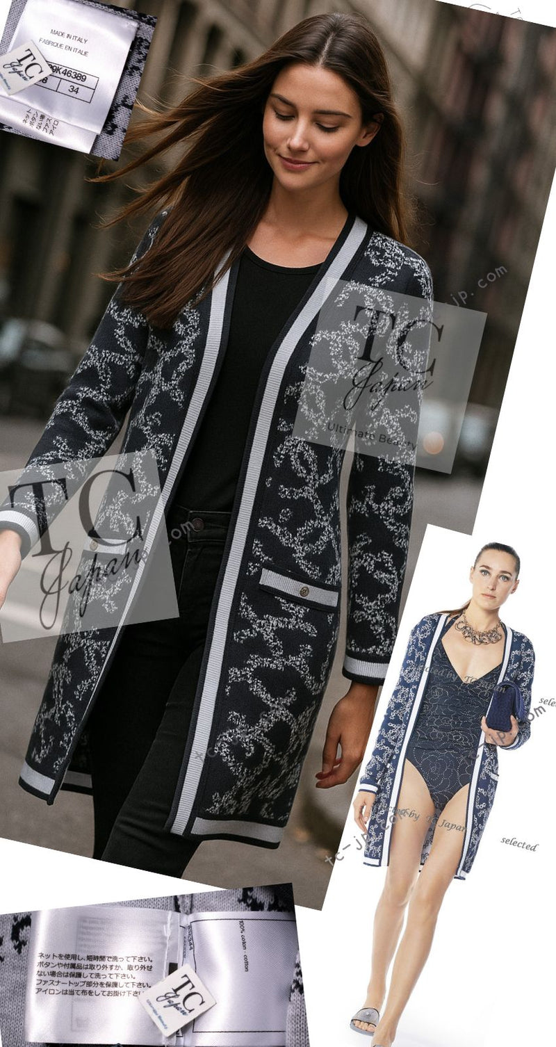 CHANEL 19PS Smoky Blue Gray CC Logo Cotton Knit Cardigan 34 36 シャネル ネイビー スモーキー グレー CC ロゴ コットン ロング ニット カーディガン 即発