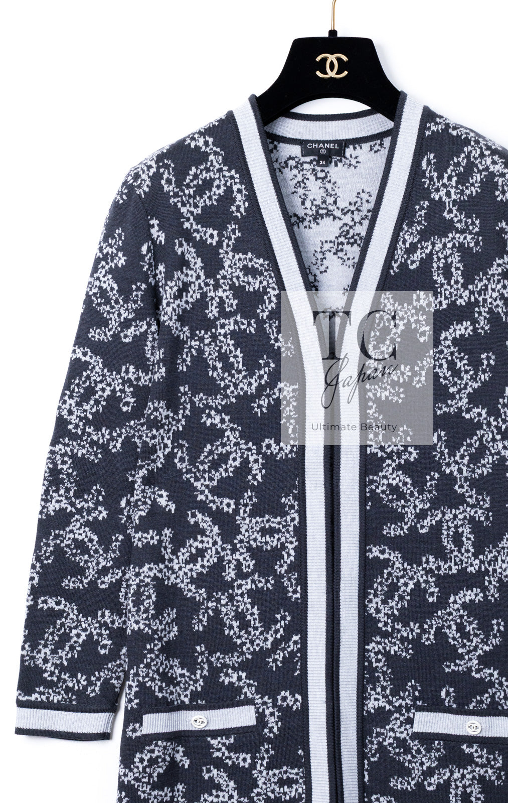 CHANEL 19PS Smoky Blue Gray CC Logo Cotton Knit Cardigan 34 36 シャネル ネイビー スモーキー グレー CC ロゴ コットン ロング ニット カーディガン 即発