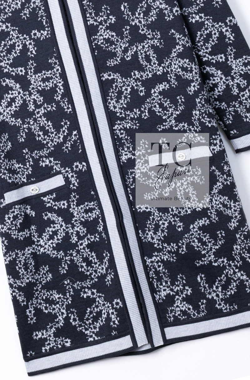 CHANEL 19PS Smoky Blue Gray CC Logo Cotton Knit Cardigan 34 36 シャネル ネイビー スモーキー グレー CC ロゴ コットン ロング ニット カーディガン 即発