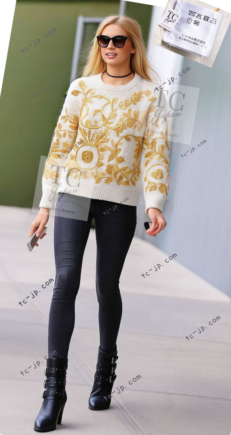 CHANEL 18C Ivory Gold Leaf Floral Knit Tops Sweater 36 38 シャネル シャネル アイボリー ゴールド リーフ フローラル 装飾 ニット トップス セーター 即発