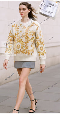 CHANEL 18C Ivory Gold Leaf Floral Knit Tops Sweater 36 38 シャネル シャネル アイボリー ゴールド リーフ フローラル 装飾 ニット トップス セーター 即発