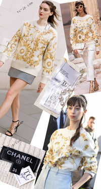 CHANEL 18C Ivory Gold Leaf Floral Knit Tops Sweater 36 38 シャネル シャネル アイボリー ゴールド リーフ フローラル 装飾 ニット トップス セーター 即発