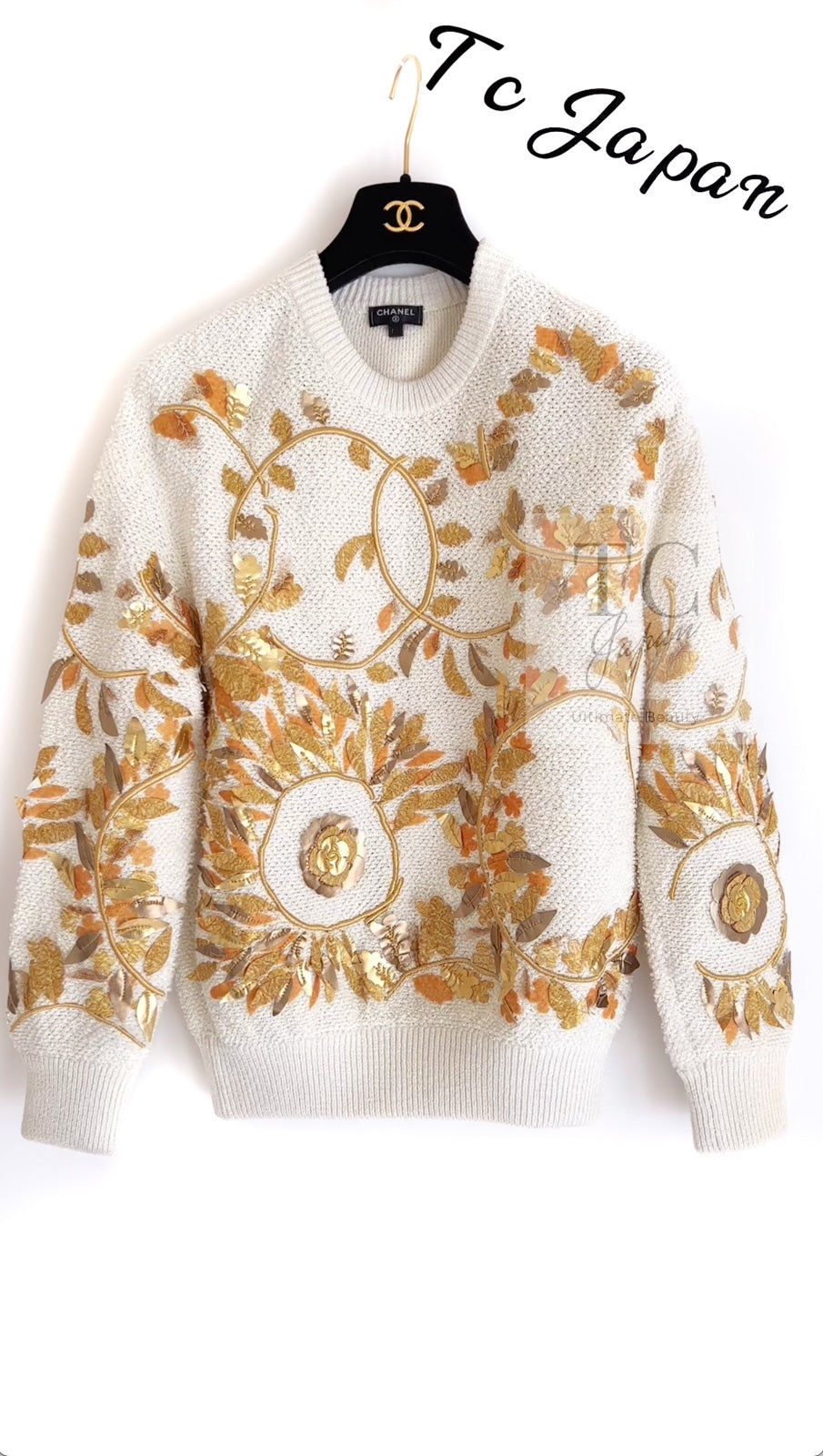CHANEL 18C Ivory Gold Leaf Floral Knit Tops Sweater 36 38 シャネル シャネル アイボリー ゴールド リーフ フローラル 装飾 ニット トップス セーター 即発