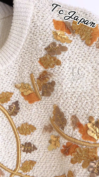 CHANEL 18C Ivory Gold Leaf Floral Knit Tops Sweater 36 38 シャネル シャネル アイボリー ゴールド リーフ フローラル 装飾 ニット トップス セーター 即発