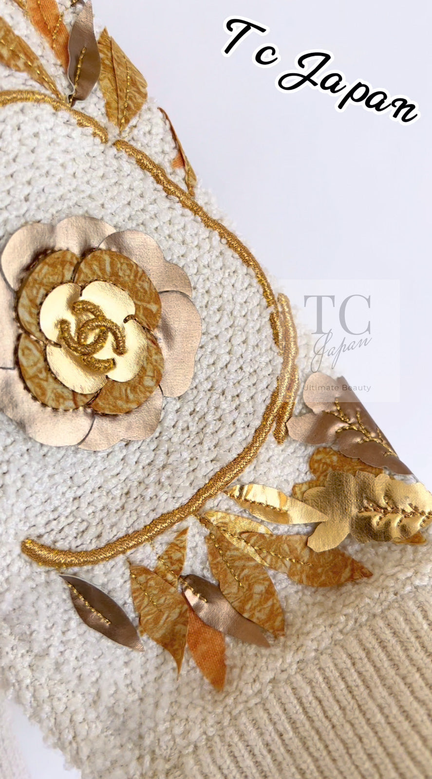 CHANEL 18C Ivory Gold Leaf Floral Knit Tops Sweater 36 38 シャネル シャネル アイボリー ゴールド リーフ フローラル 装飾 ニット トップス セーター 即発