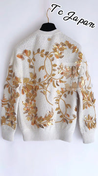 CHANEL 18C Ivory Gold Leaf Floral Knit Tops Sweater 36 38 シャネル シャネル アイボリー ゴールド リーフ フローラル 装飾 ニット トップス セーター 即発