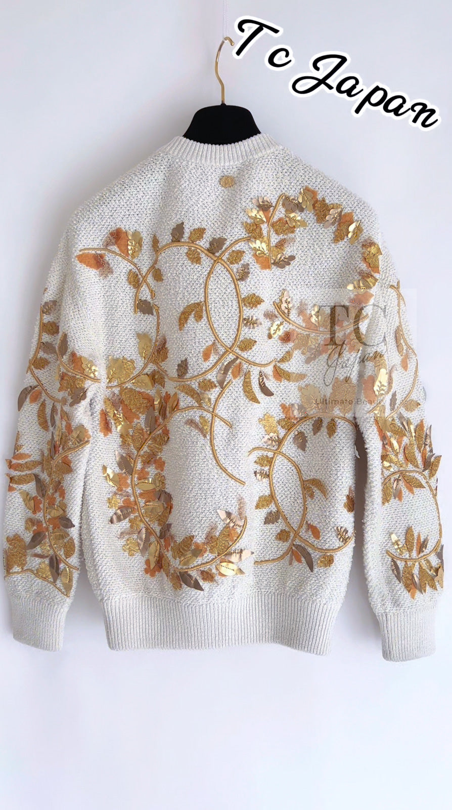 CHANEL 18C Ivory Gold Leaf Floral Knit Tops Sweater 36 38 シャネル シャネル アイボリー ゴールド リーフ フローラル 装飾 ニット トップス セーター 即発