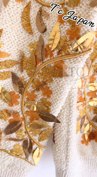 CHANEL 18C Ivory Gold Leaf Floral Knit Tops Sweater 36 38 シャネル シャネル アイボリー ゴールド リーフ フローラル 装飾 ニット トップス セーター 即発