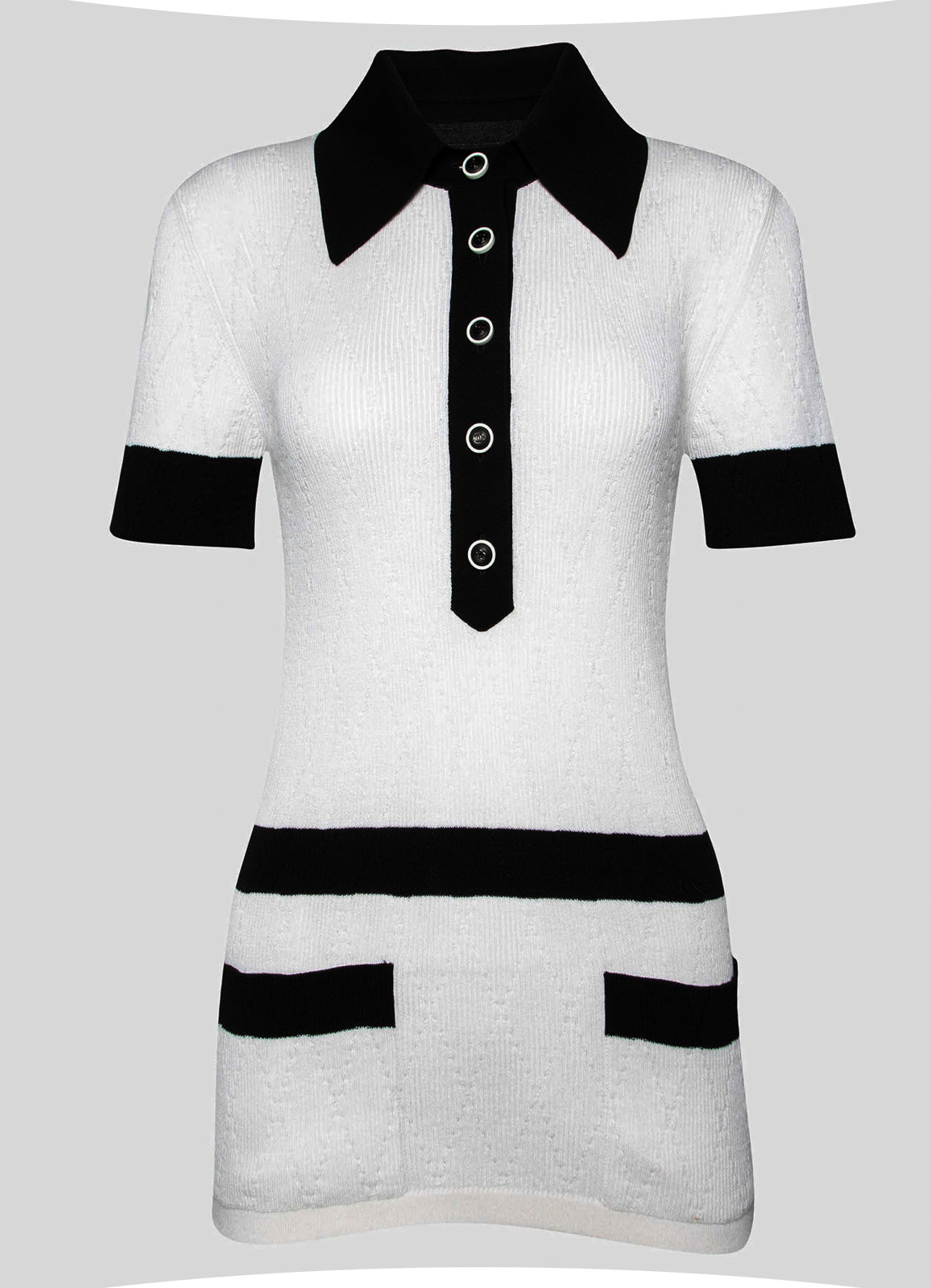 CHANEL 15S White Black Cotton Knit Tops 36 38 シャネル ホワイト ブラック コットン ニット 半袖 ポロシャツ トップス 即発