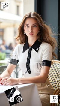 CHANEL 15S White Black Cotton Knit Tops 36 38 シャネル ホワイト ブラック コットン ニット 半袖 ポロシャツ トップス 即発 - TC JAPAN