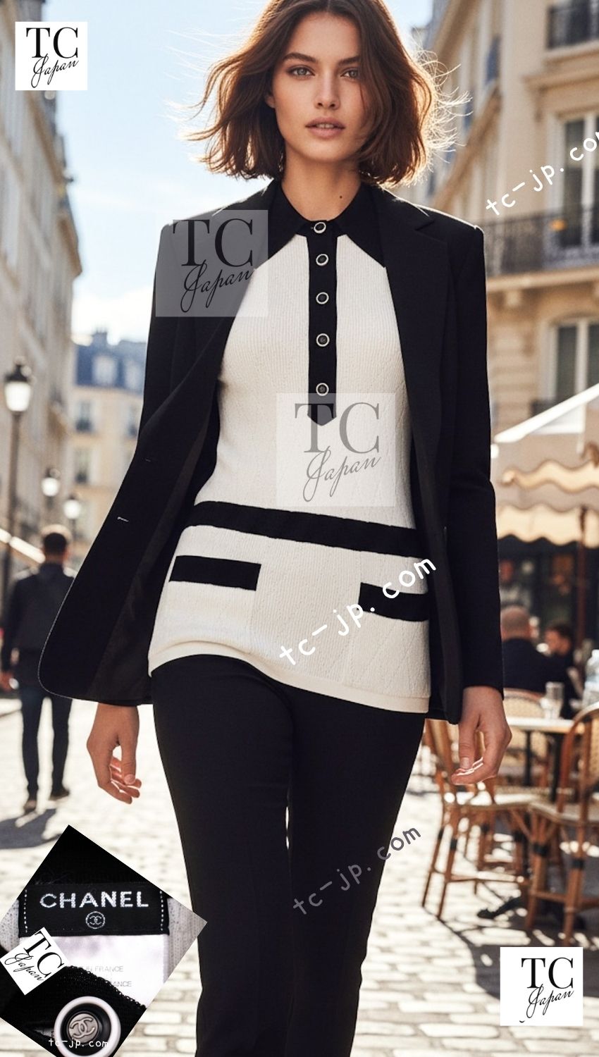 CHANEL 15S White Black Cotton Knit Tops 36 38 シャネル ホワイト ブラック コットン ニット 半袖 ポロシャツ トップス 即発 - TC JAPAN