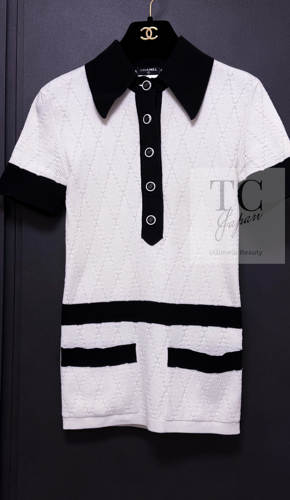 CHANEL 15S White Black Cotton Knit Tops 36 38 シャネル ホワイト ブラック コットン ニット 半袖 ポロシャツ トップス 即発