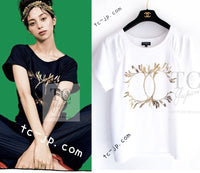 CHANEL 18C White CC Gold Leaf Logo T-shirt Tops S 36 38 シャネル ホワイト CC ゴールド ロゴ Tシャツ スウェット トップス 即発
