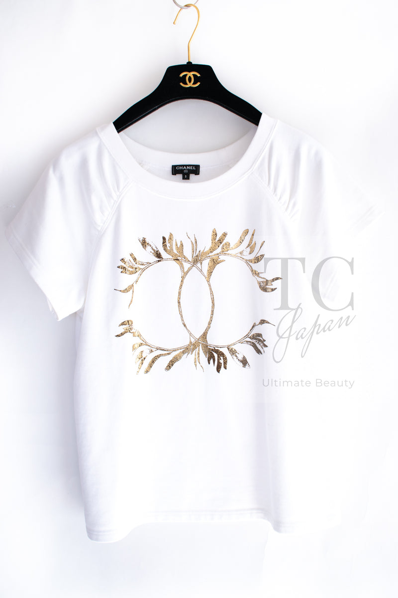 CHANEL 18C White CC Gold Leaf Logo T-shirt Tops S 36 38 シャネル ホワイト CC ゴールド ロゴ Tシャツ スウェット トップス 即発