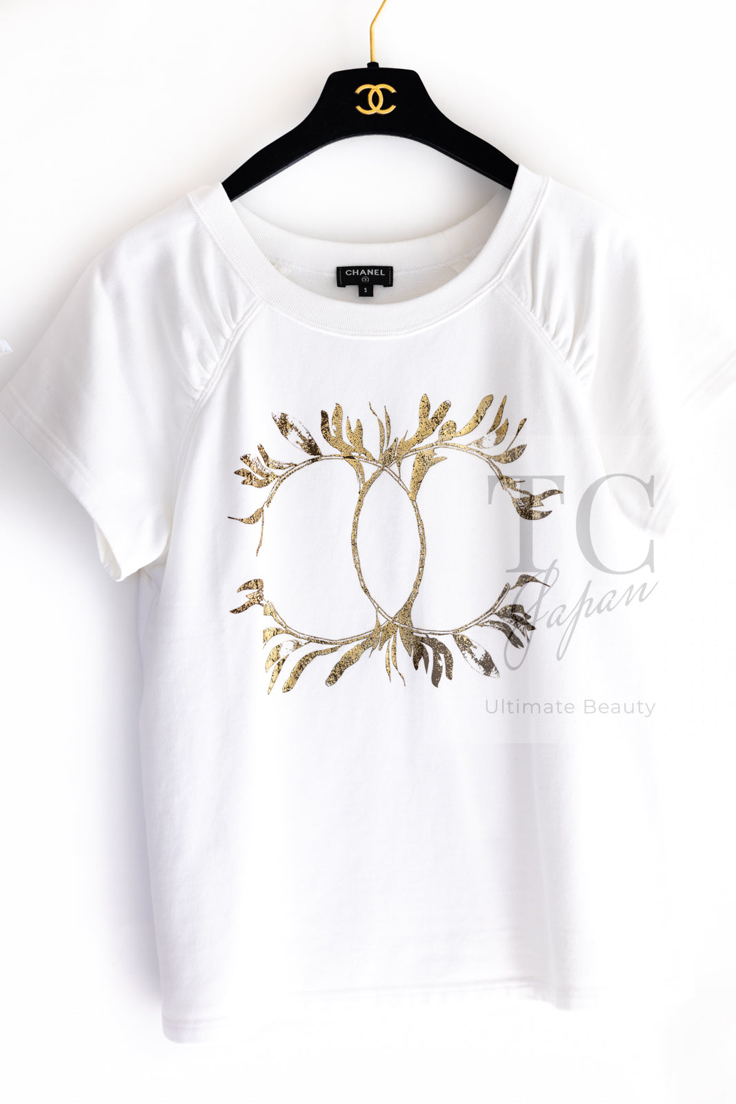 CHANEL 18C White CC Gold Leaf Logo T-shirt Tops S 36 38 シャネル ホワイト CC ゴールド ロゴ Tシャツ スウェット トップス 即発