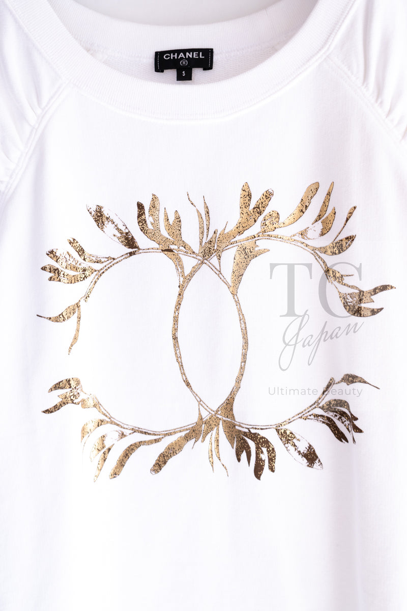 CHANEL 18C White CC Gold Leaf Logo T-shirt Tops S 36 38 シャネル ホワイト CC ゴールド ロゴ Tシャツ スウェット トップス 即発