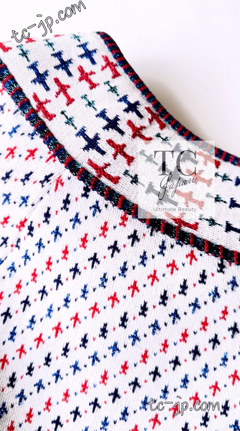 CHANEL 16S White Red Blue Airplane Tops Sweater 34 シャネル ホワイト レッド ブルー 飛行機 ニット トップス セーター 即発