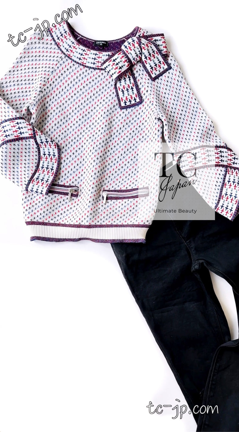 CHANEL 16S White Red Blue Airplane Tops Sweater 34 シャネル ホワイト レッド ブルー 飛行機 ニット トップス セーター 即発