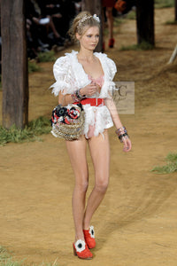 CHANEL 10S Gray Ivory Ecru Camellia Ruffles Linen Silk Blouse Tops 34 シャネル グレー アイボリー 生成り カメリア シルク リネン ブラウス トップス 即発