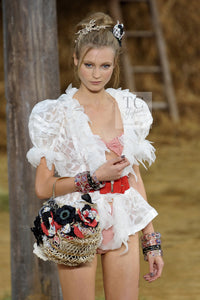 CHANEL 10S Gray Ivory Ecru Camellia Ruffles Linen Silk Blouse Tops 34 シャネル グレー アイボリー 生成り カメリア シルク リネン ブラウス トップス 即発