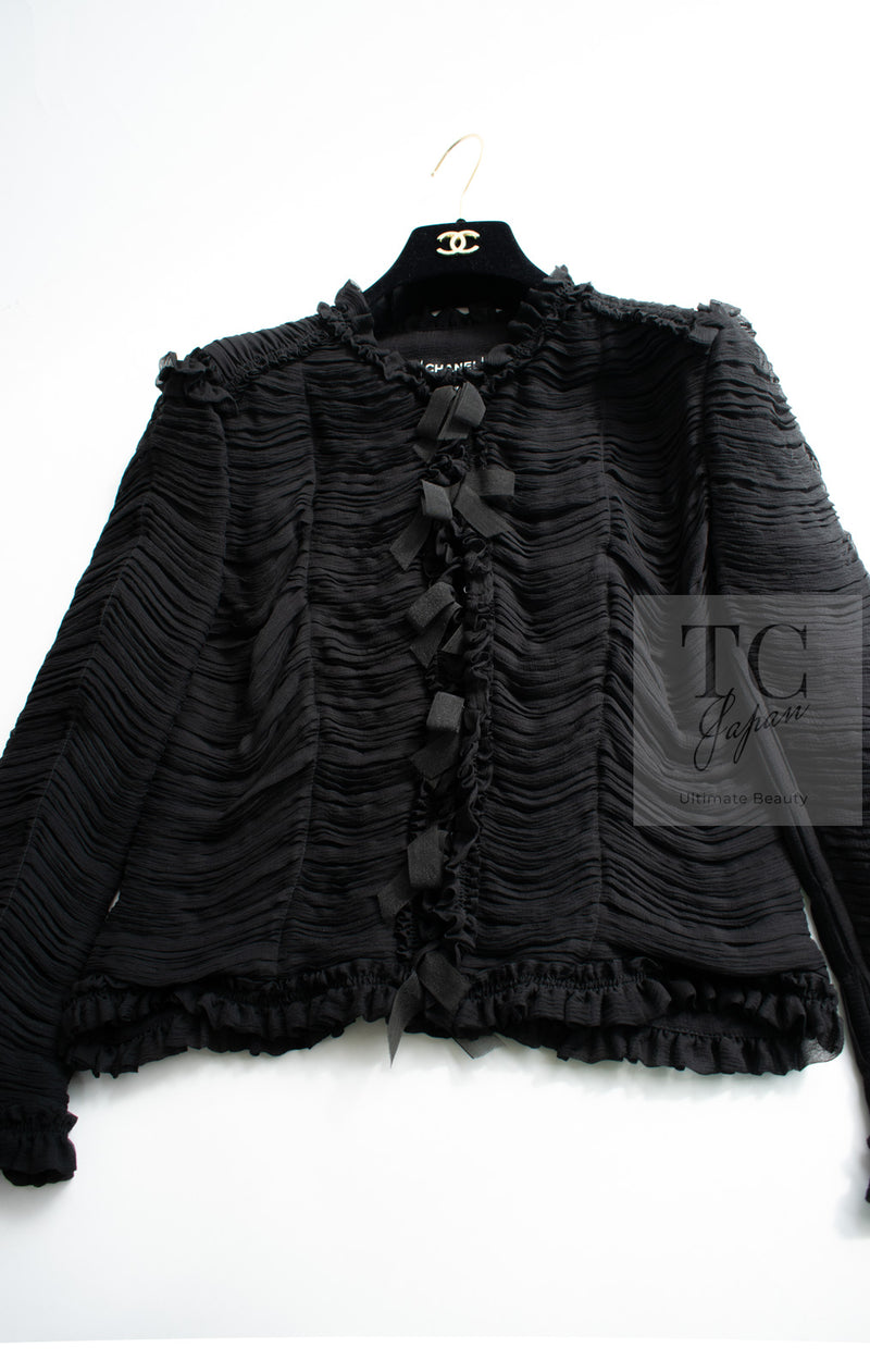 CHANEL 06A Black Ribbon Silk Penelope Cruz Cardigan Jacket Tops 38 40 42 44 シャネル ブラック リボン シルク ブラウス カーディガン ジャケット 即発