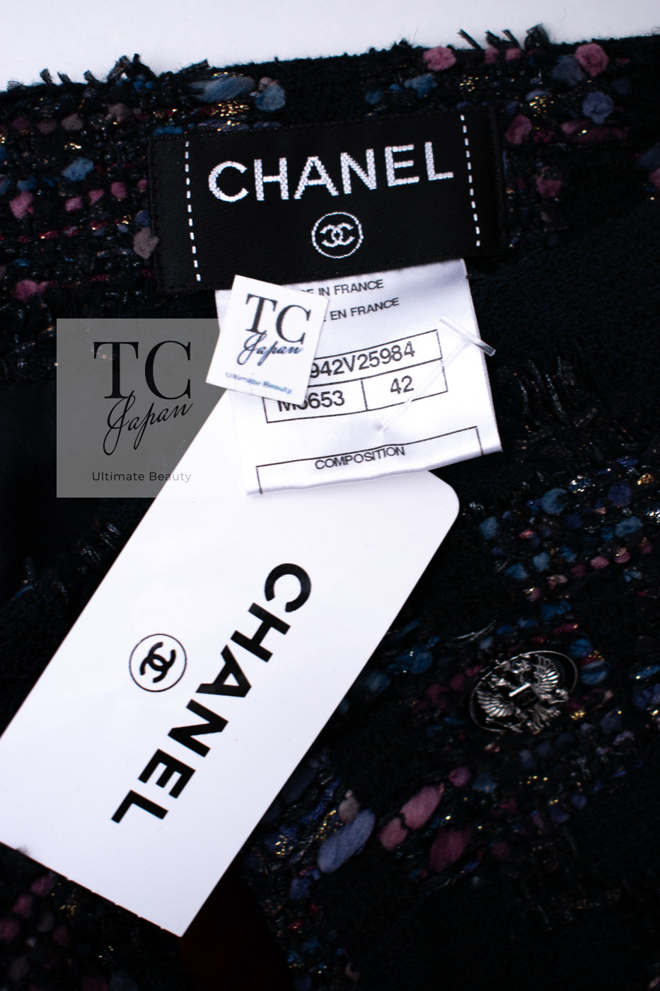 CHANEL 09PF Navy Velvet Satin Tweed Jacket Skirt 40 42 シャネル ベルベット・サテン・ジャケット・スカート
