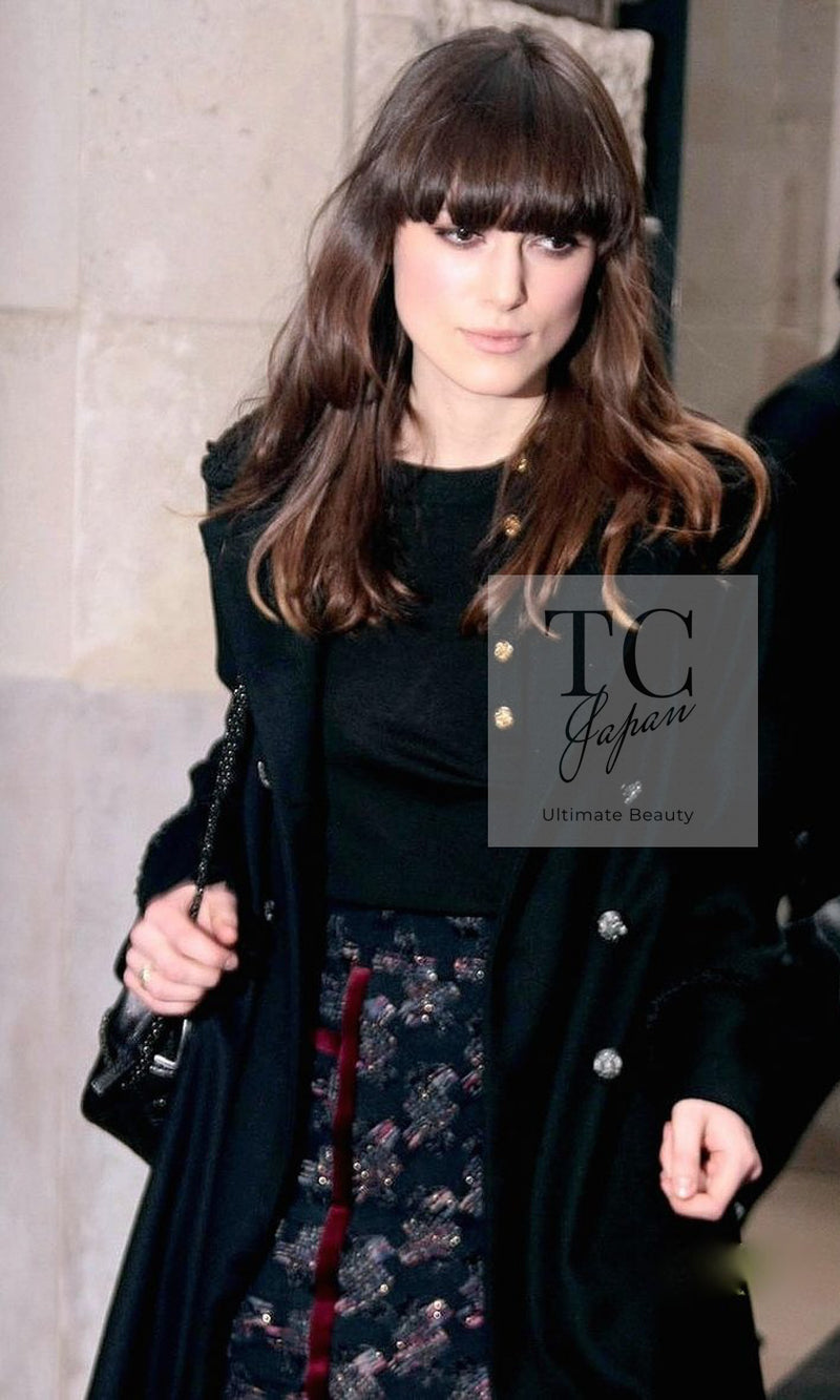CHANEL 09PF Navy Velvet Satin Tweed Jacket Skirt Suit 40 42 シャネル ネイビー ベルベット サテン ジャケット スカート スーツ 即発