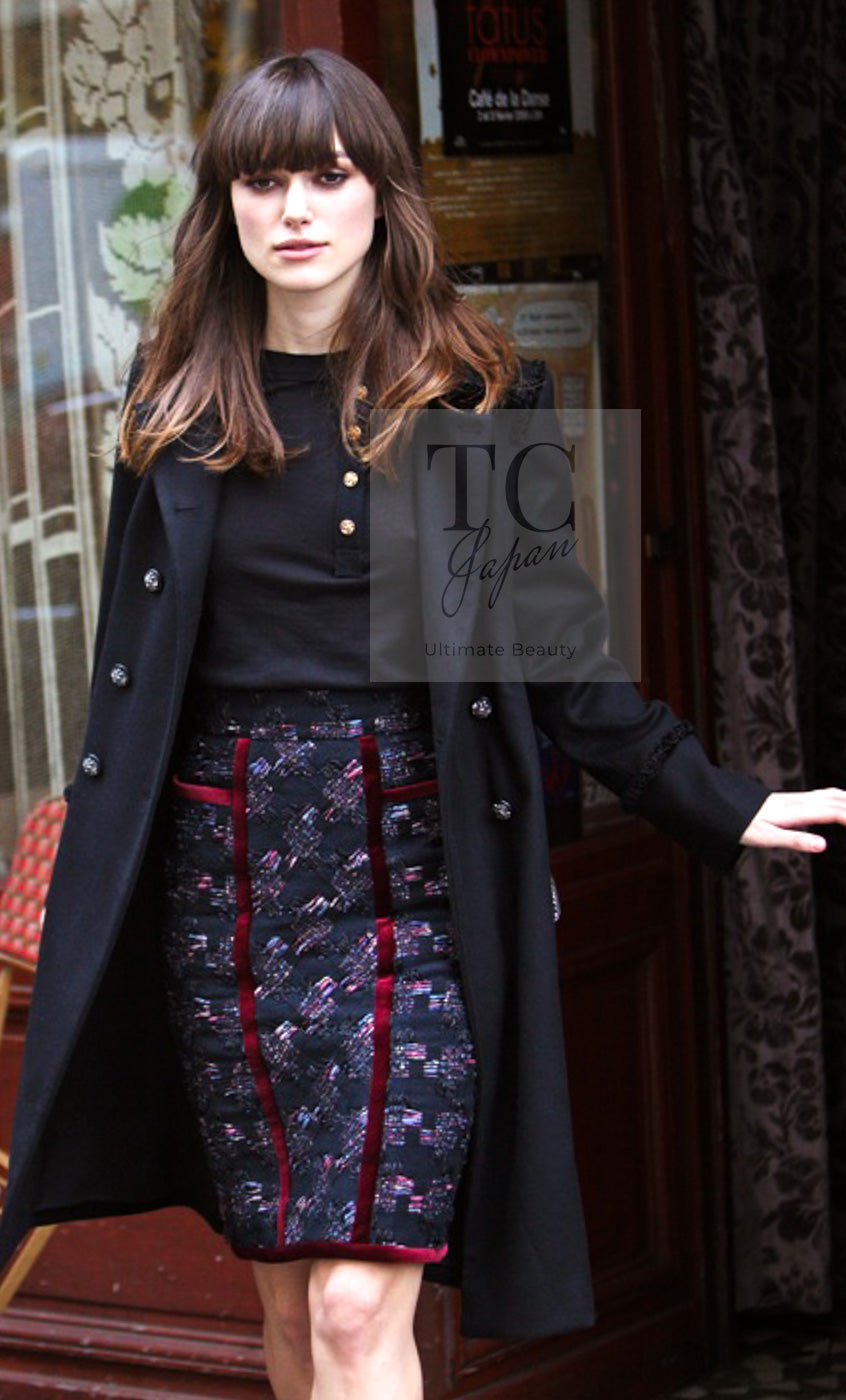 CHANEL 09PF Navy Velvet Satin Tweed Jacket Skirt Suit 40 42 シャネル ネイビー ベルベット サテン ジャケット スカート スーツ 即発