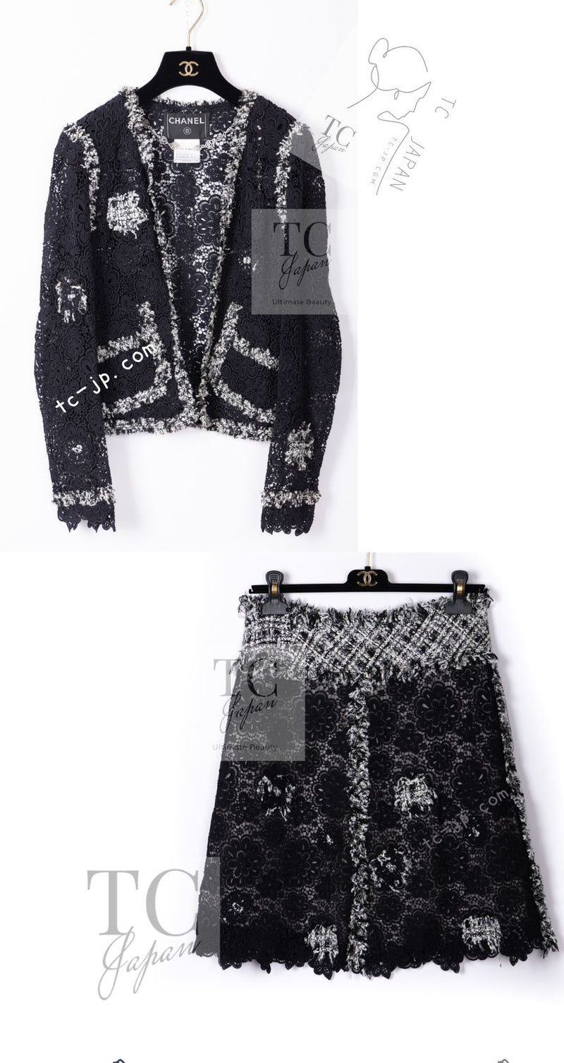 CHANEL 04S Camellia Black Lace Cardigan Jacket Skirt Set up 38 シャネル カメリア ブラック レース カーディガン ジャケット スカート セットアップ 即発