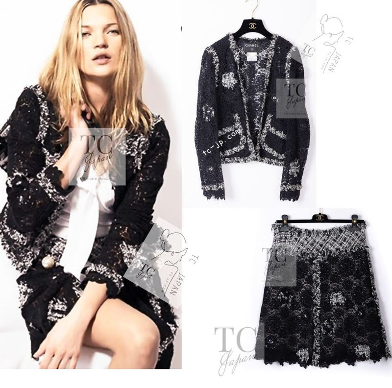 CHANEL 04S Camellia Black Lace Cardigan Jacket Skirt Set up 38 シャネル カメリア ブラック レース カーディガン ジャケット スカート セットアップ 即発