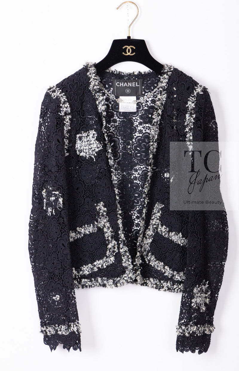 CHANEL 04S Camellia Black Lace Cardigan Jacket Skirt Set up 38 シャネル カメリア ブラック レース カーディガン ジャケット スカート セットアップ 即発