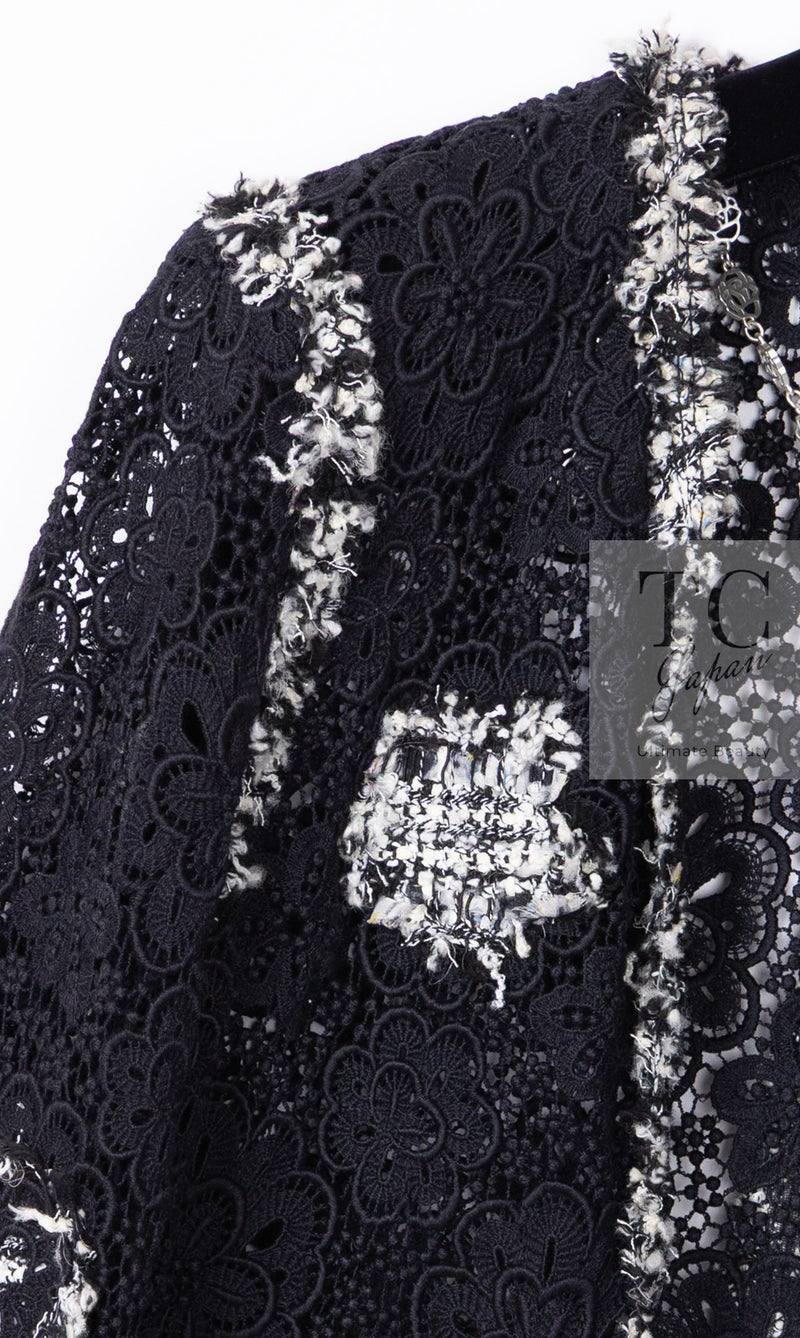 CHANEL 04S Camellia Black Lace Cardigan Jacket Skirt Set up 38 シャネル カメリア ブラック レース カーディガン ジャケット スカート セットアップ 即発